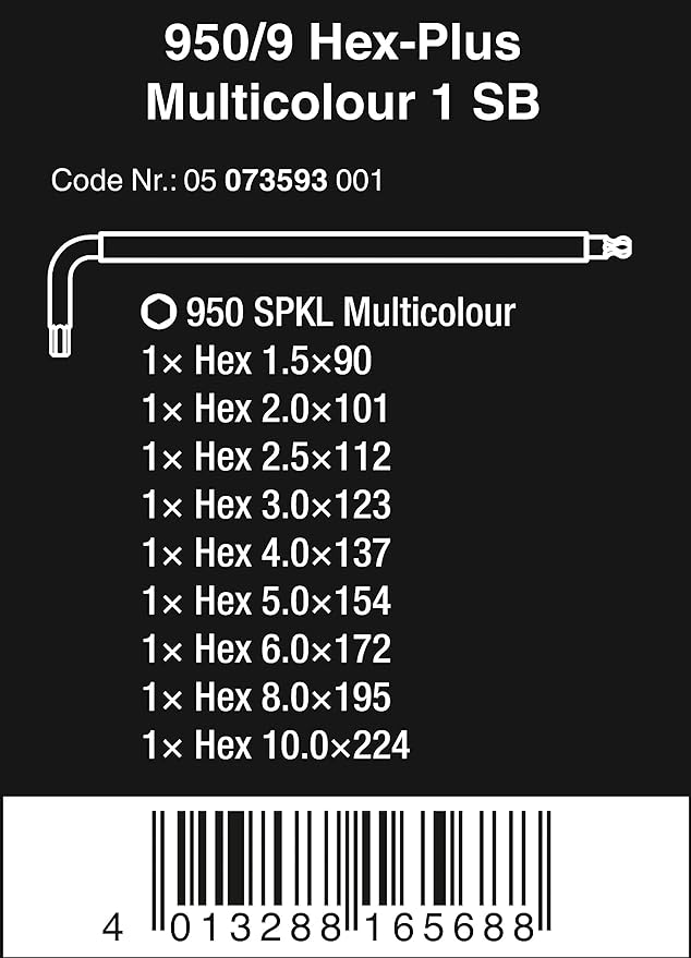 Wera 05073593001 950 Spkl/9 Sm N Multicolor L-Key Set, Metric, Blacklaser, 9 Pieces