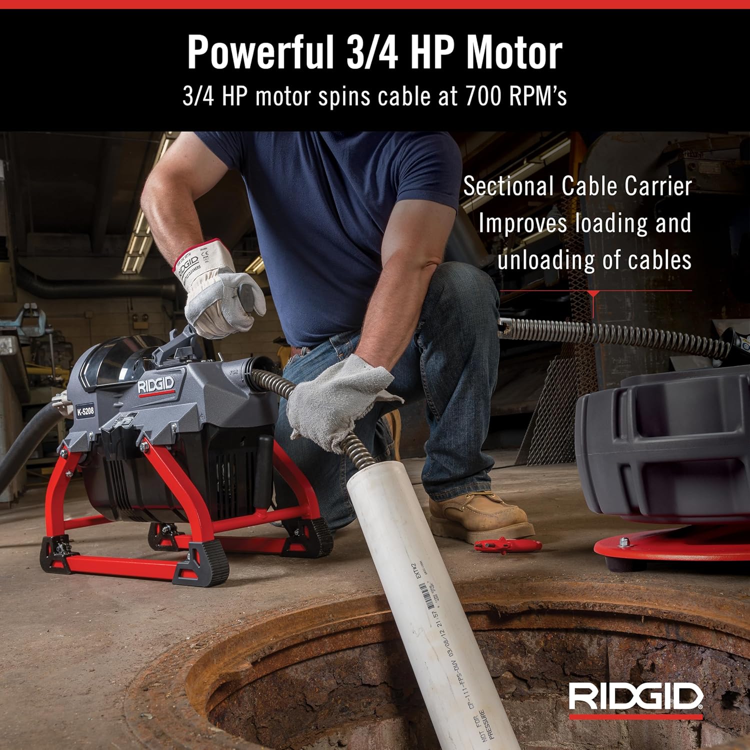 Ridgid 61693 K-5208, máquina limpiadora de desagües de 115 V 60 Hz con manguera guía, 4 cables C-11, transportador de cables seccional y kit de caja de herramientas (con cortadores)