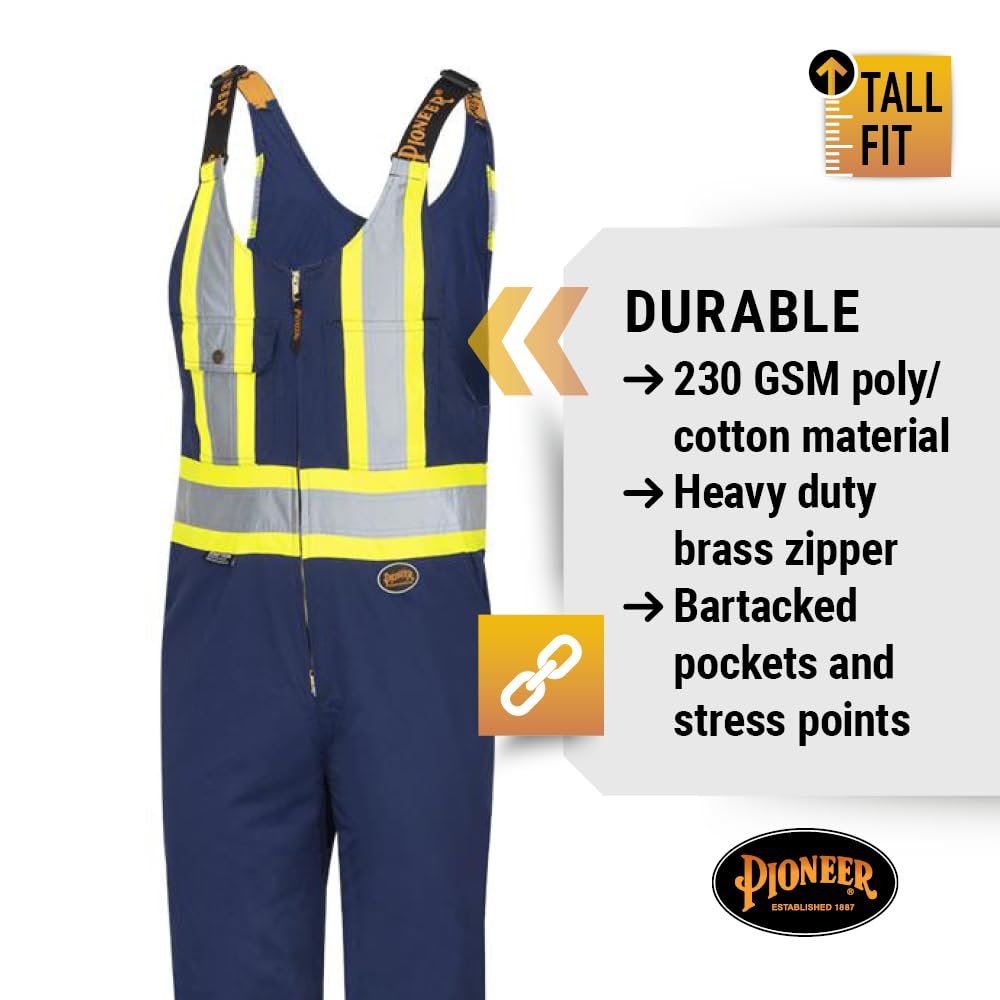 Pioneer CSA Hi Vis Overall Bib Work Pants, Reflective Stripe, 7 Reinforced Pockets, Tall Fit