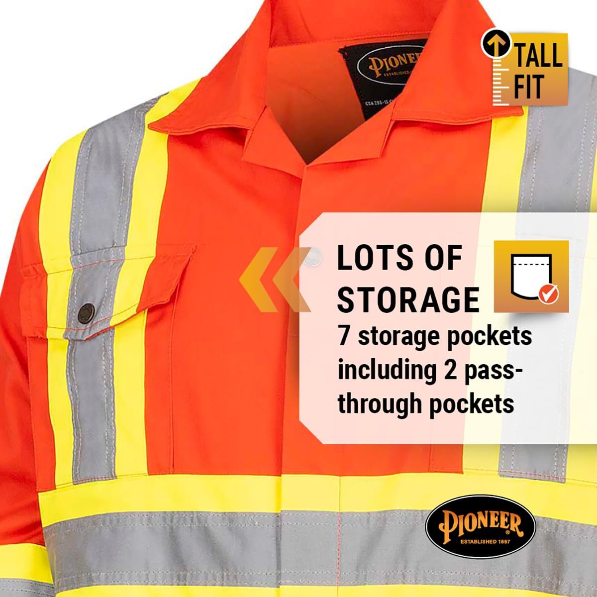 Pioneer CSA Action Back High Visibility Work Coverall with Elastic Waist & Adjustable Wrist, 7-Pocket, Tall Fit