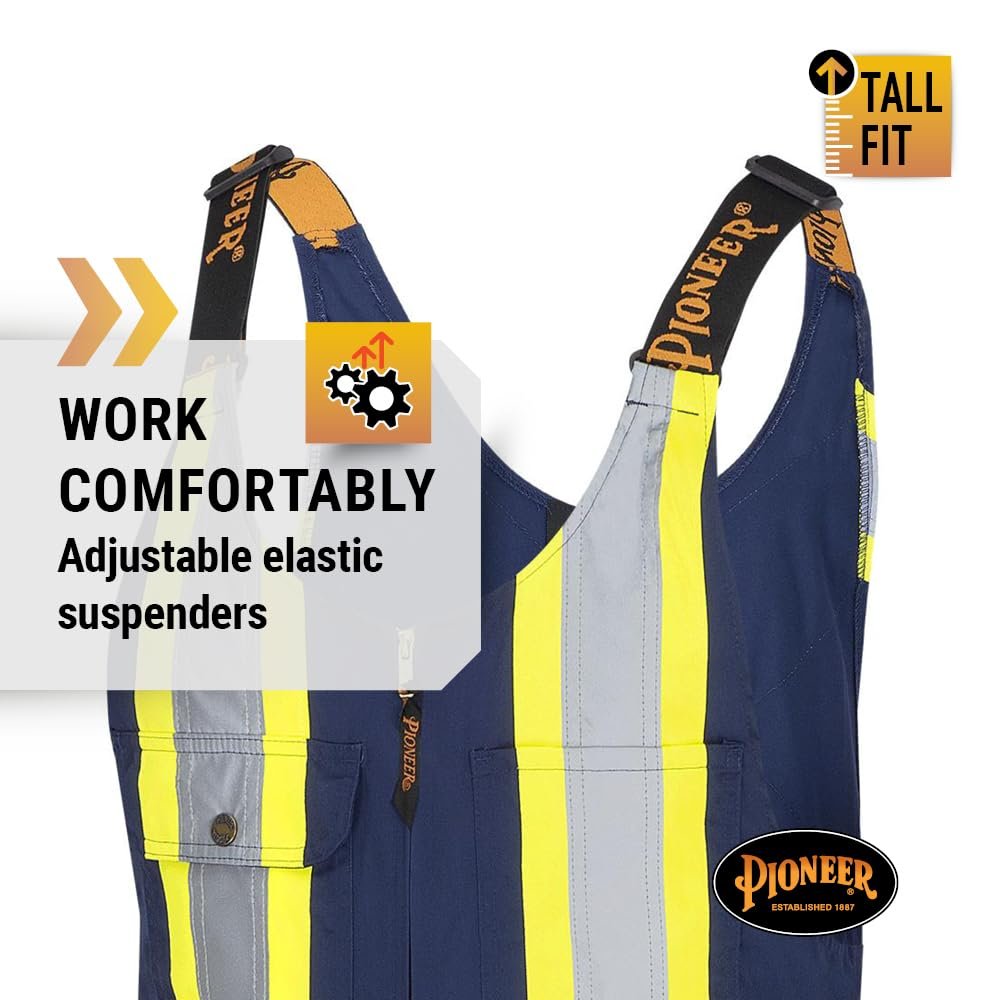 Pioneer CSA Hi Vis Overall Bib Work Pants, Reflective Stripe, 7 Reinforced Pockets, Tall Fit