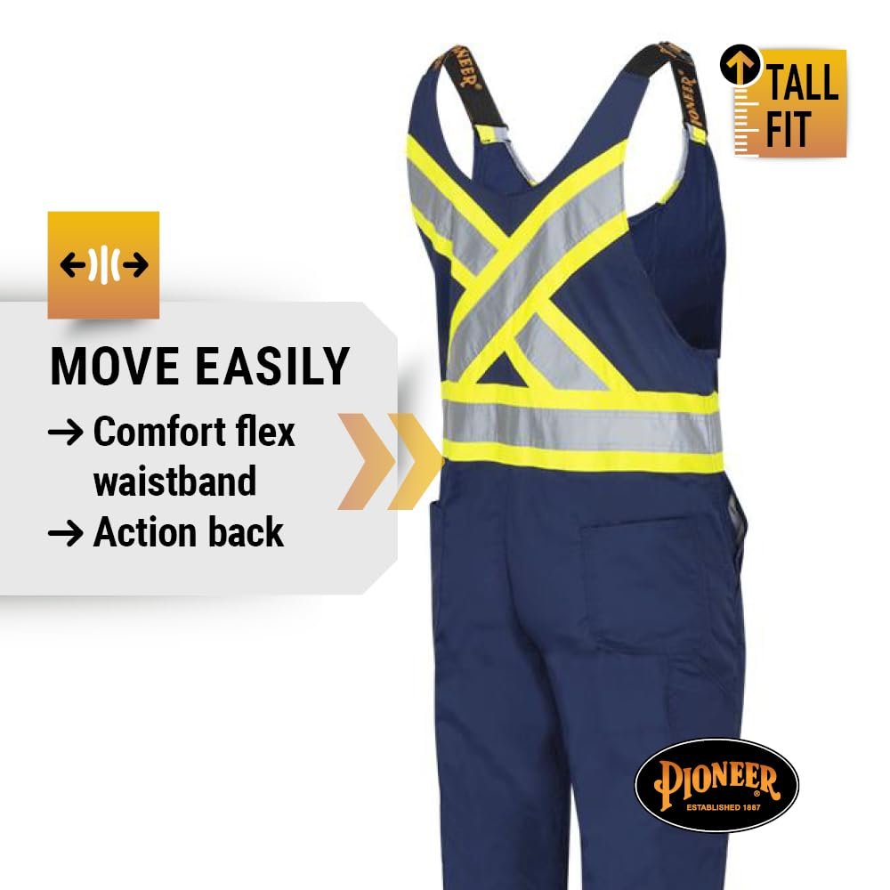 Pioneer CSA Hi Vis Overall Bib Work Pants, Reflective Stripe, 7 Reinforced Pockets, Tall Fit