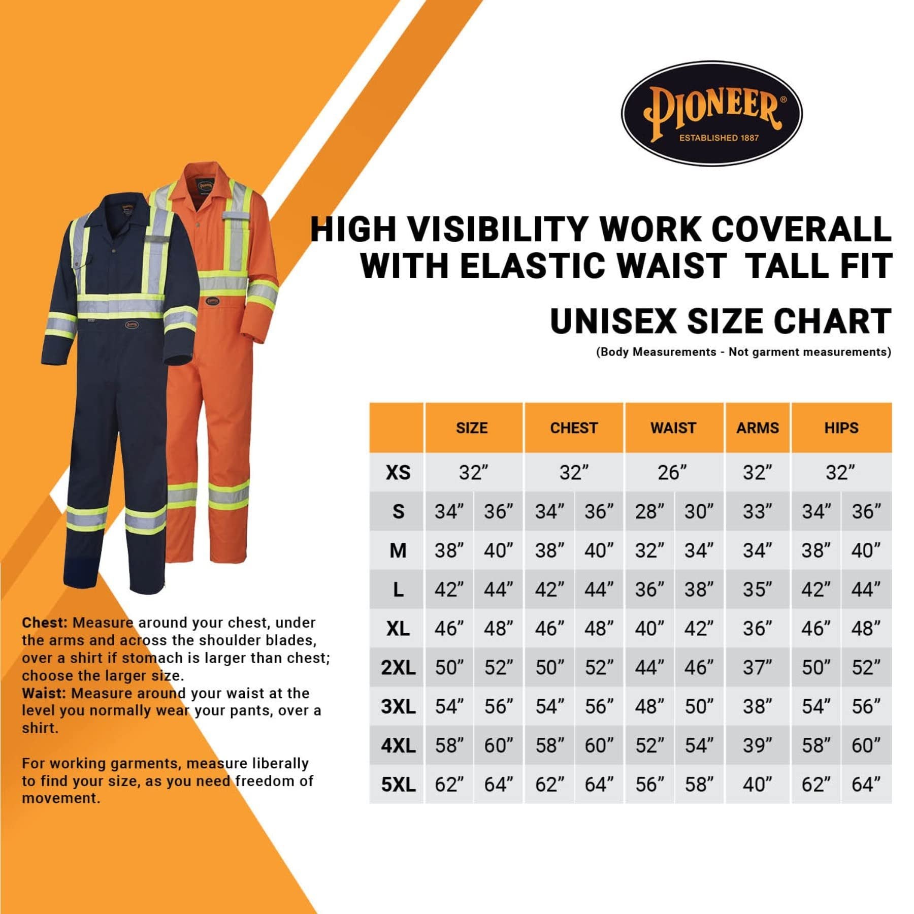 Pioneer CSA 7-Pocket High Visibility Work Coverall with 22" Boot Access Zipper, Action Back and Elastic Waist, Tall Fit