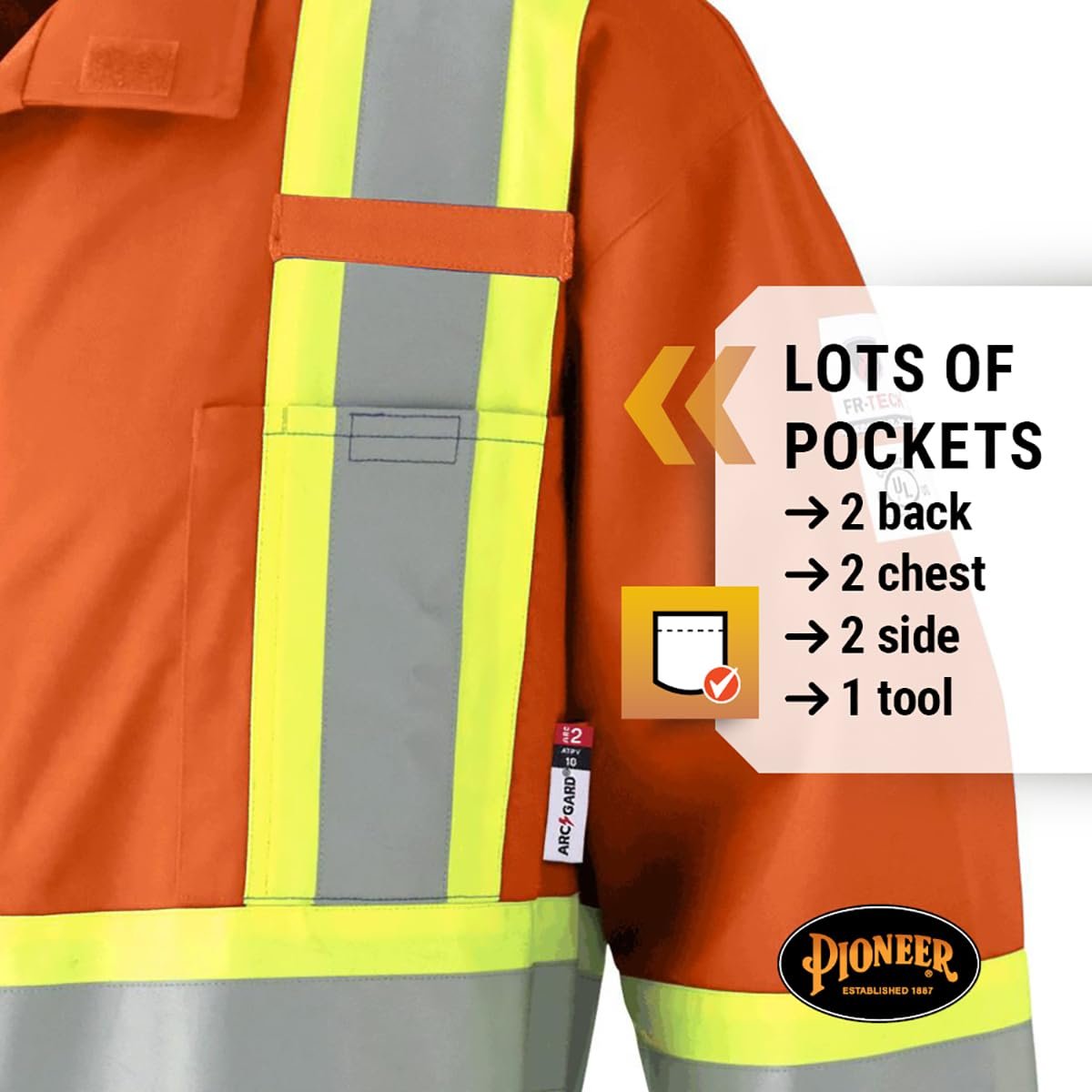 Pioneer CSA UL ARC 2 Lightweight Flame Resistant Work Coverall, Hi Vis Premium Cotton Nylon, Action Back