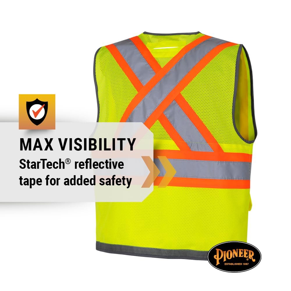 Pioneer High Visibility Surveyor Safety Vest, Mesh Back - Front Zipper, Yellow-Green