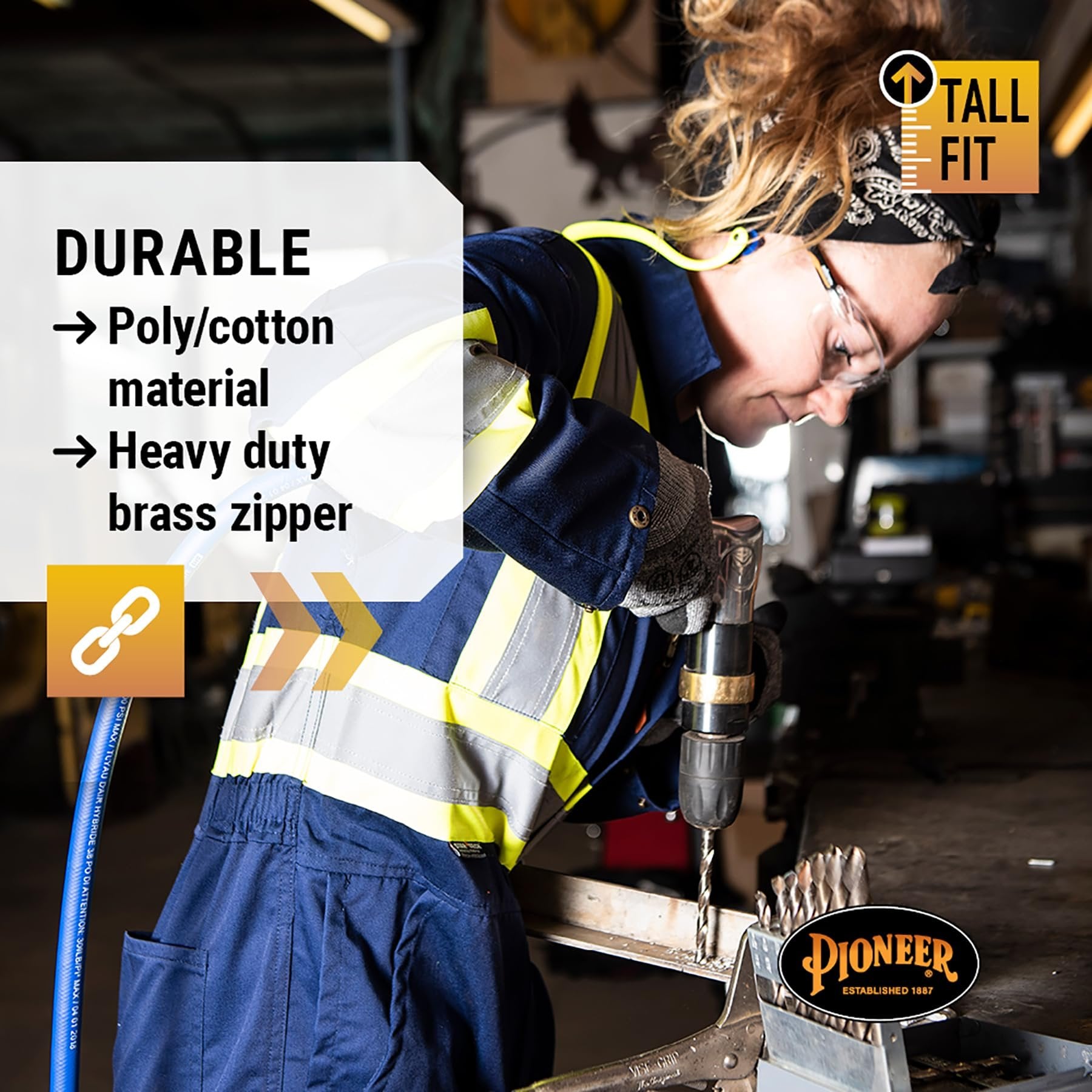 Pioneer CSA Action Back High Visibility Work Coverall With Elastic Waist & Adjustable Wrist, 7-Pocket, Tall Fit