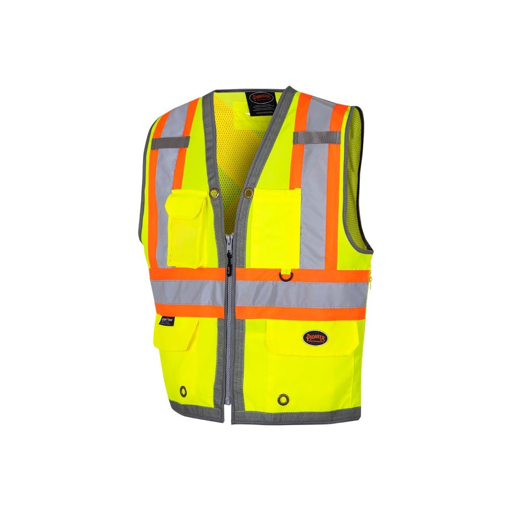 Pioneer High Visibility Surveyor Safety Vest, Mesh Back - Front Zipper, Yellow-Green