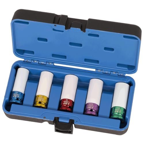 Jet 610341 - Juego de llaves de vaso de impacto para rueda magnética profesional, métricas y SAE profundas de 5 piezas con accionamiento de 1/2 pulgada, 610341