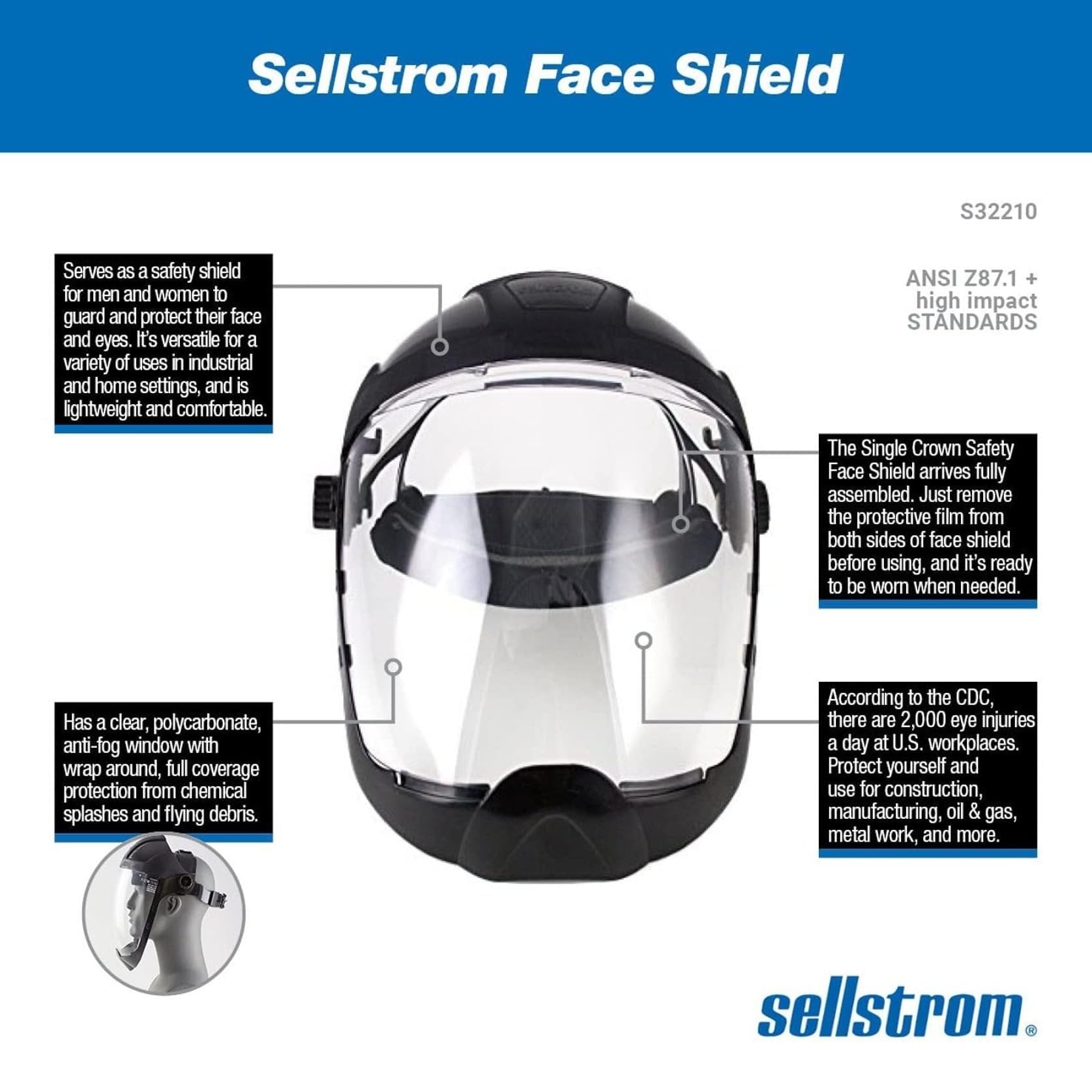 Sellstrom S32210 Clear Anti-Fog Polycarbonate Faceshield with Extended Chin and Side Guard, Universal