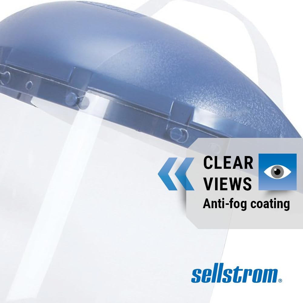 Sellstrom 39140 Blue Plastic Crown and Clear Anti-Fog Window Protective Faceshield with Ratchet Headgear
