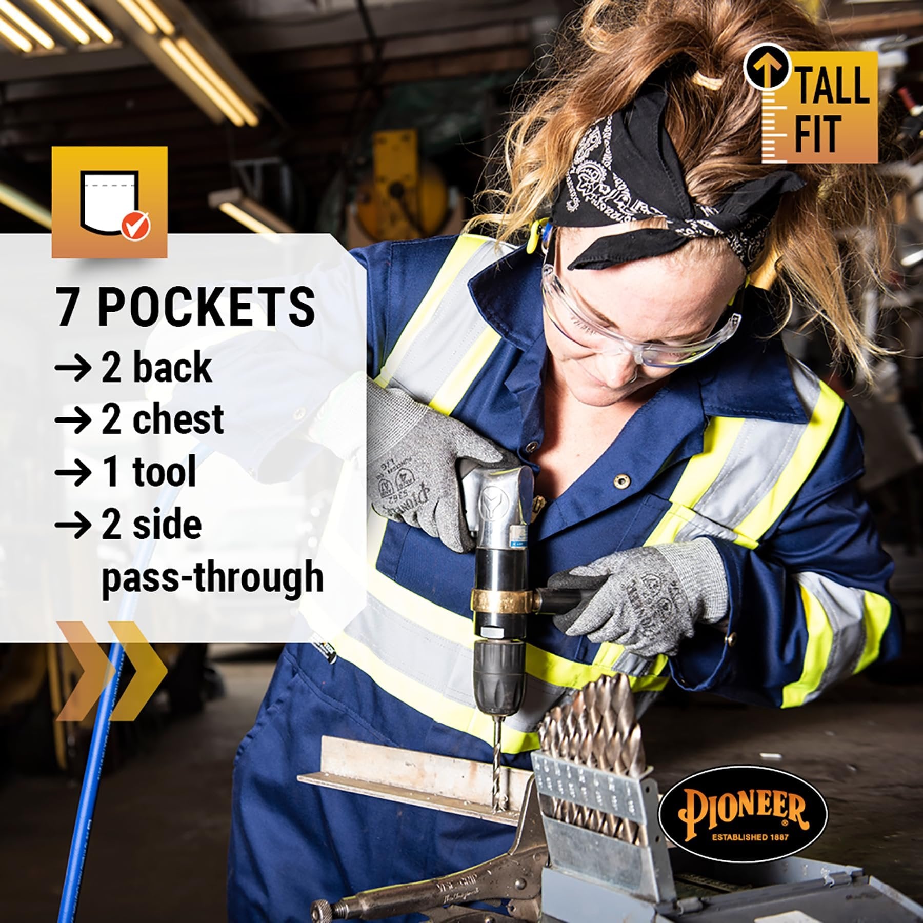 Pioneer CSA Action Back High Visibility Work Coverall With Elastic Waist & Adjustable Wrist, 7-Pocket, Tall Fit