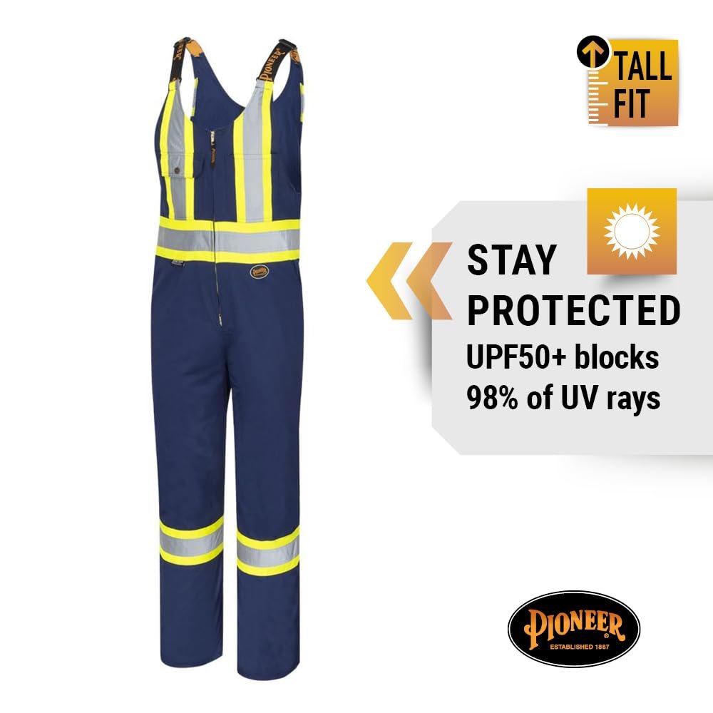 Pioneer CSA Hi Vis Overall Bib Work Pants, Reflective Stripe, 7 Reinforced Pockets, Tall Fit