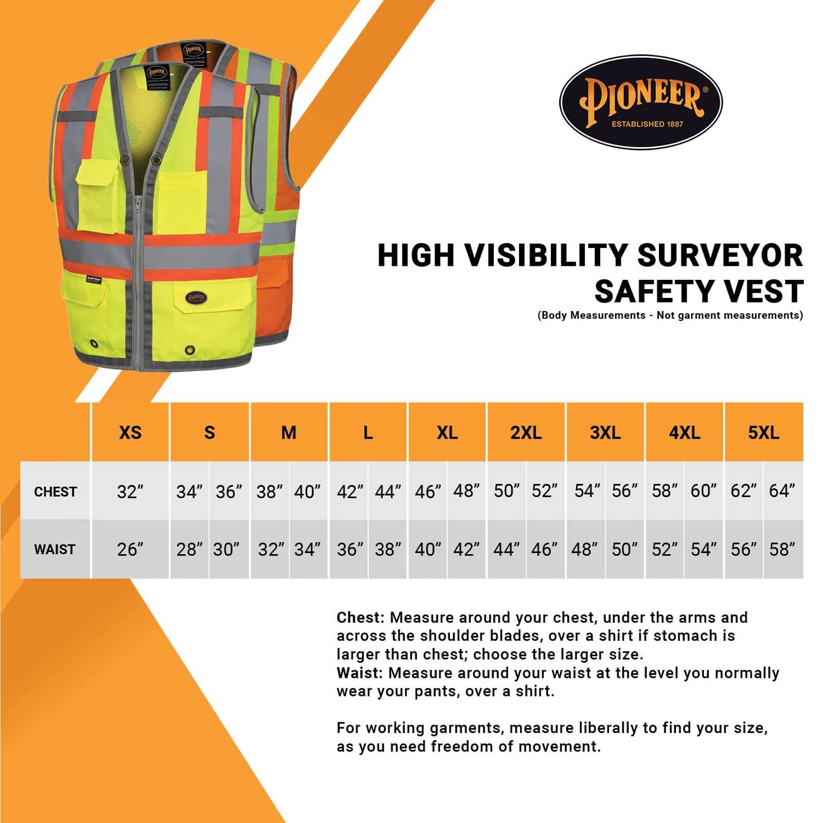 Pioneer High Visibility Surveyor Safety Vest, Mesh Back - Front Zipper, Yellow-Green