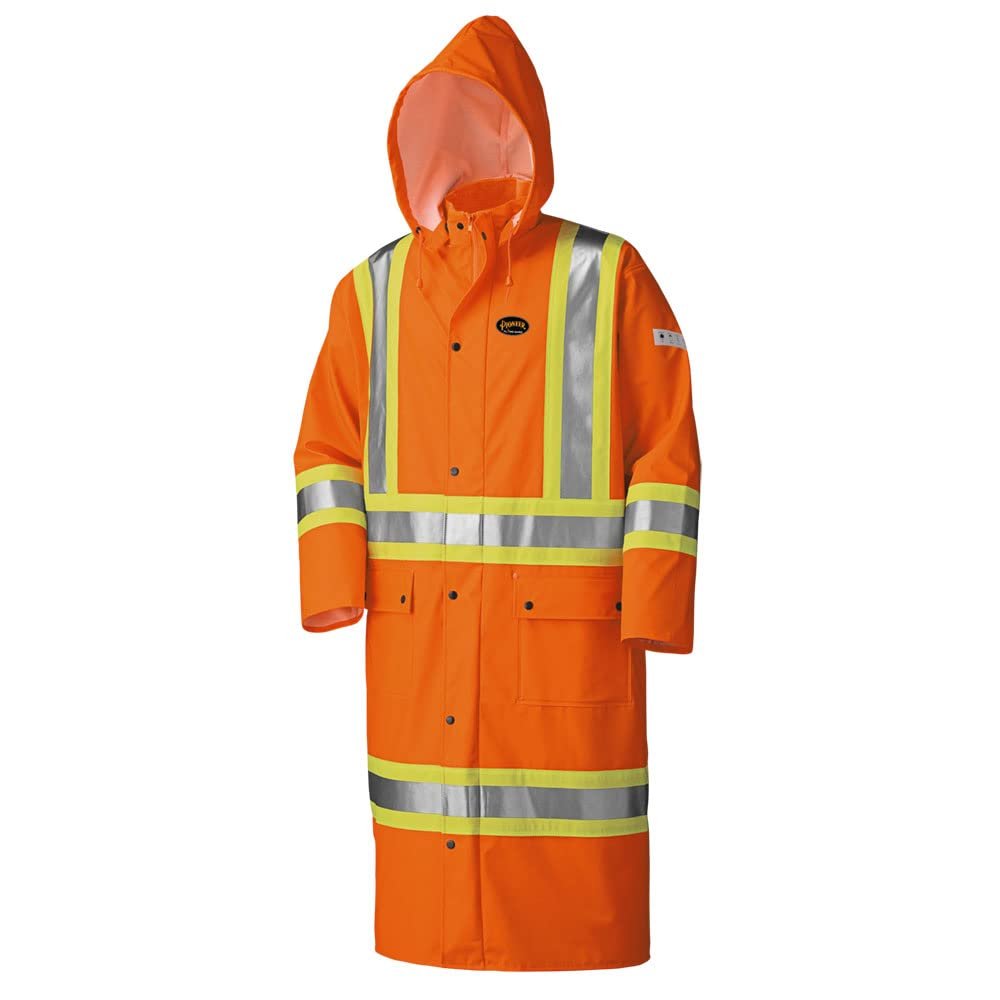 Pioneer V3520350 FR Oil & Chemical Resistant Long Rain Coat - Hi-Vis Lightweight, Orange