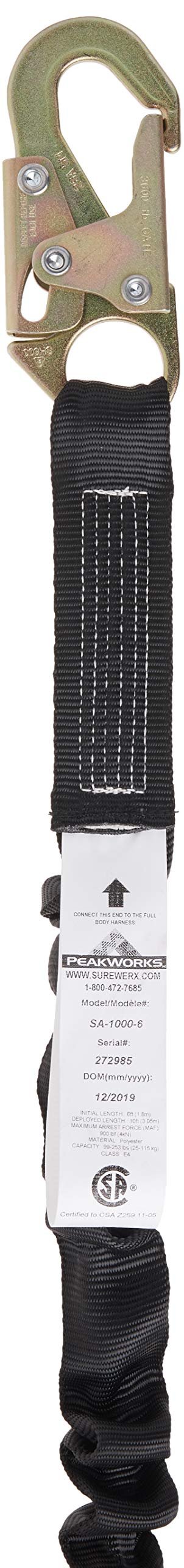 PeakWorks CSA 6' (1.8 m) POY - Snap Hooks - Single Leg - Shock Absorbing Fall Arrest Lanyard Connector, V8101106