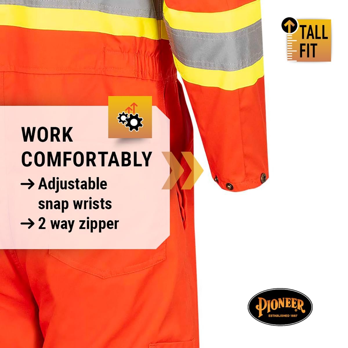 Pioneer CSA Action Back High Visibility Work Coverall with Elastic Waist & Adjustable Wrist, 7-Pocket, Tall Fit