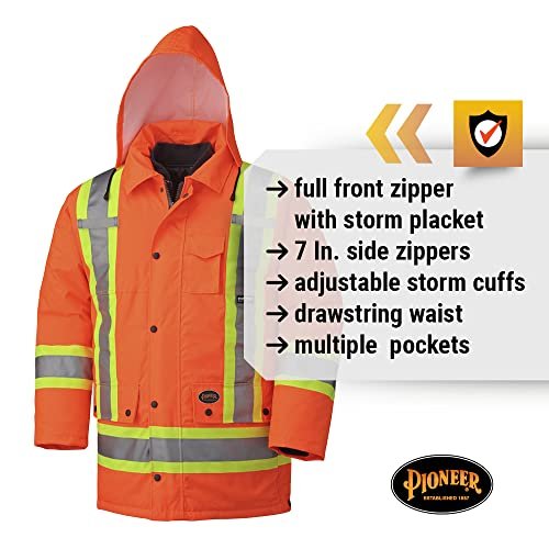 Pioneer V1120150-M Hi-Viz Waterproof 6-in-1 Safety Parka Jacket, 2 Large Cargo Pockets, Orange, 5XL