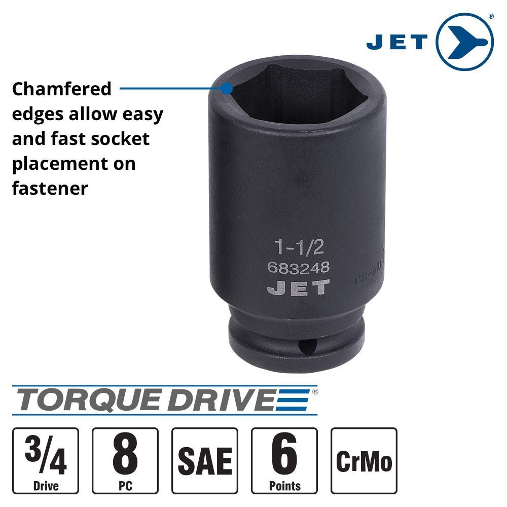 Jet 3/4 pouce Drive, jeu de 8 douilles à choc professionnelles SAE régulières, 6 pans, 610402