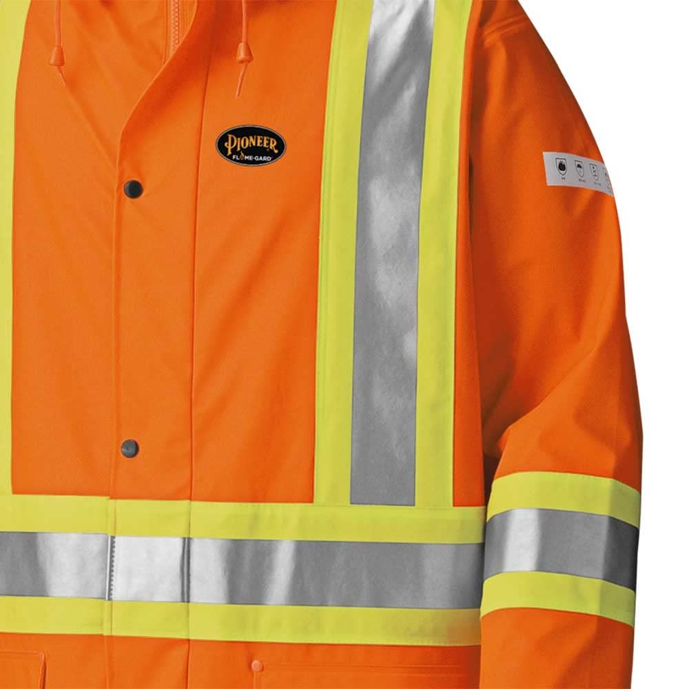 Pioneer V3520350 FR Oil & Chemical Resistant Long Rain Coat - Hi-Vis Lightweight, Orange