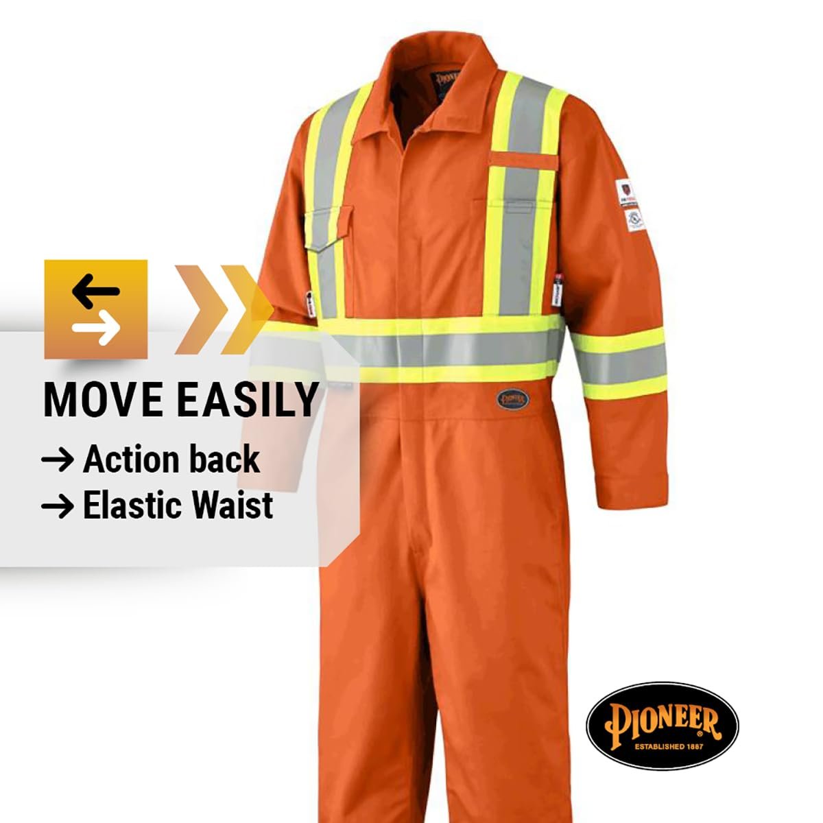 Pioneer CSA UL ARC 2 Lightweight Flame Resistant Work Coverall, Hi Vis Premium Cotton Nylon, Action Back