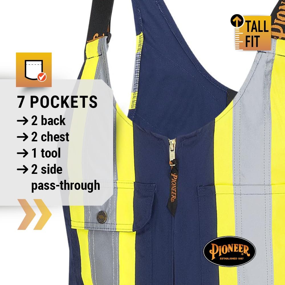 Pioneer CSA Hi Vis Overall Bib Work Pants, Reflective Stripe, 7 Reinforced Pockets, Tall Fit