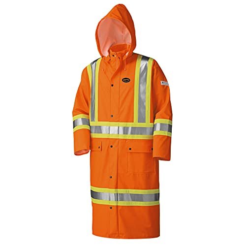 Pioneer V3520350 FR Oil & Chemical Resistant Long Rain Coat - Hi-Vis Lightweight, Orange