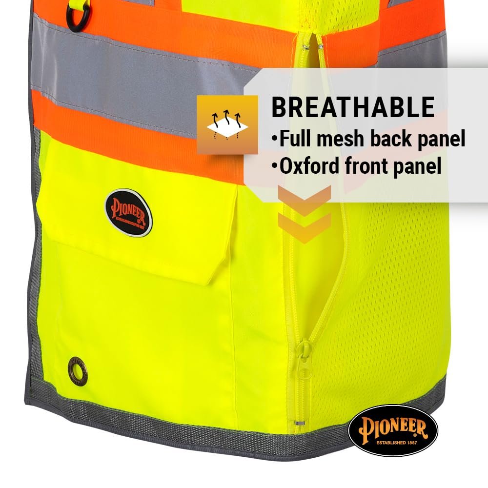 Pioneer High Visibility Surveyor Safety Vest, Mesh Back - Front Zipper, Yellow-Green