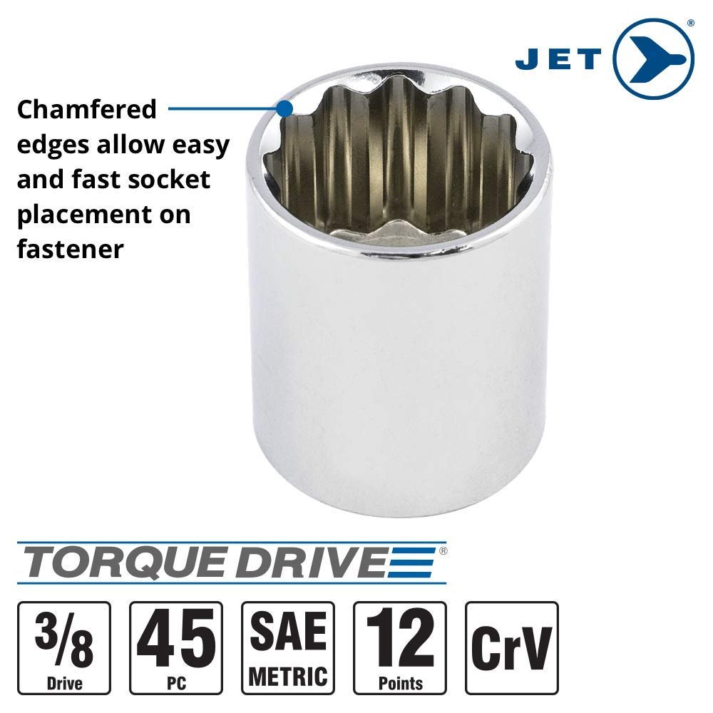 Jet 600242, 45 pièces, entraînement 3/8 pouces SAE/métrique, 12 pans, clé à cliquet, jeu de douilles chromées