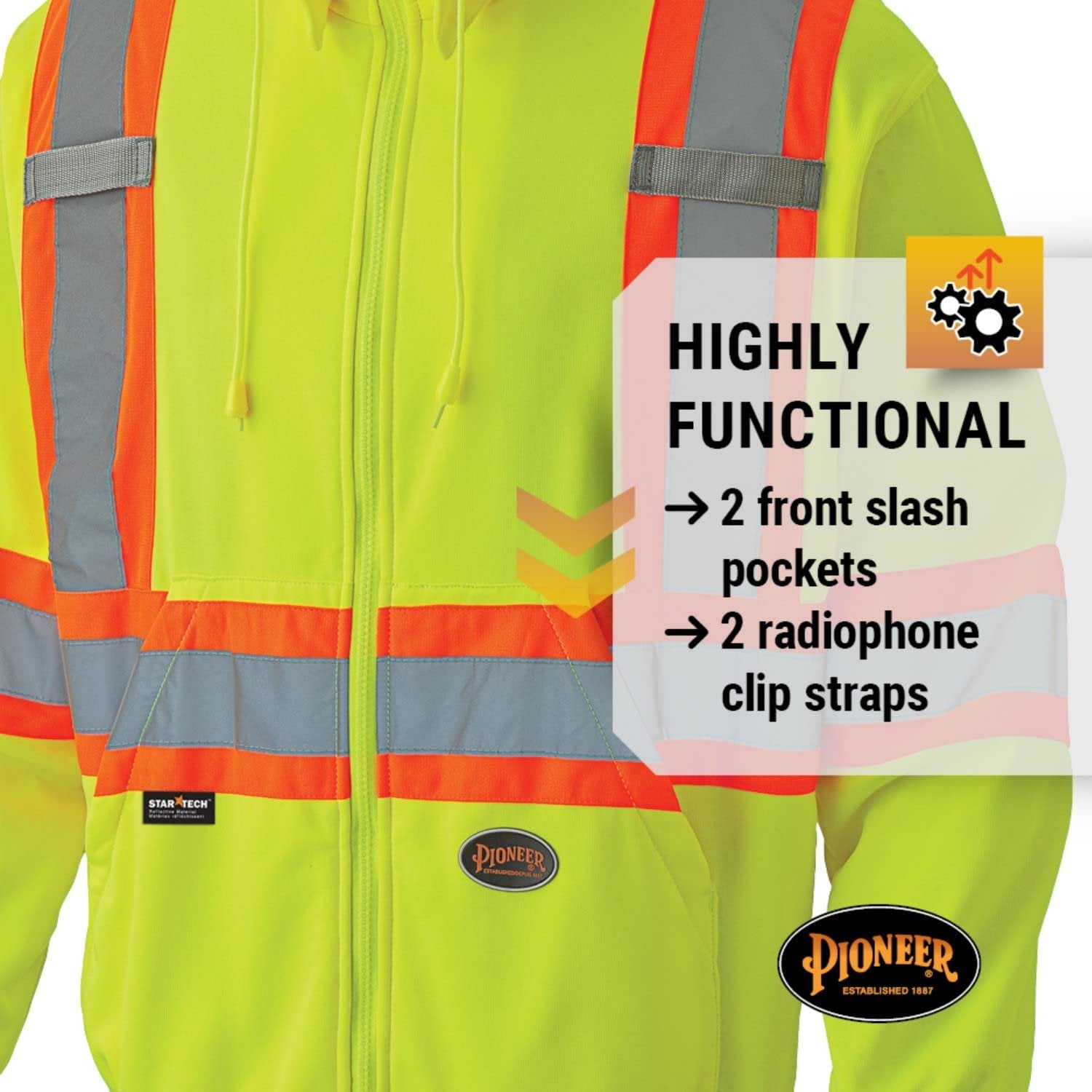 Pioneer V1060560 High Visibility Safety Hoodie, Micro Fleece, Yellow-Green