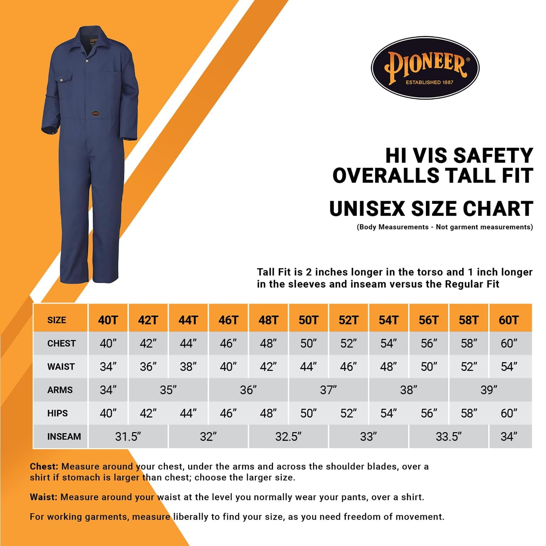 Pioneer 7-Pocket Heavy-Duty Work Coverall With Adjustable Wrist, Action Back and Elastic Waist, Tall Fit