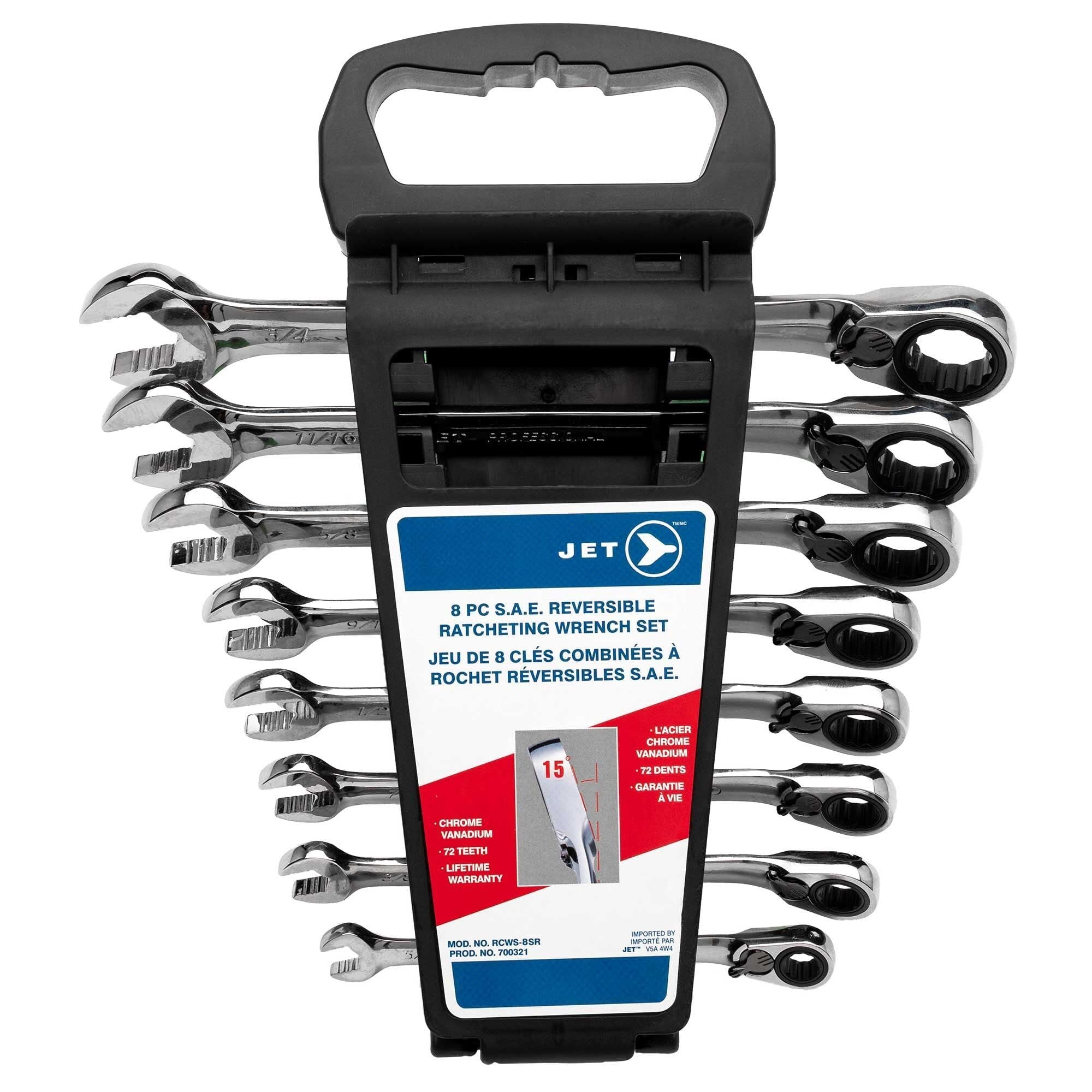 Juego de llaves combinadas de trinquete reversible SAE largas de 8 piezas Jet, 700321