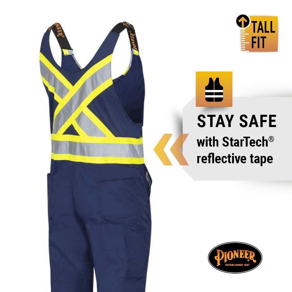 Pioneer CSA Hi Vis Overall Bib Work Pants, Reflective Stripe, 7 Reinforced Pockets, Tall Fit