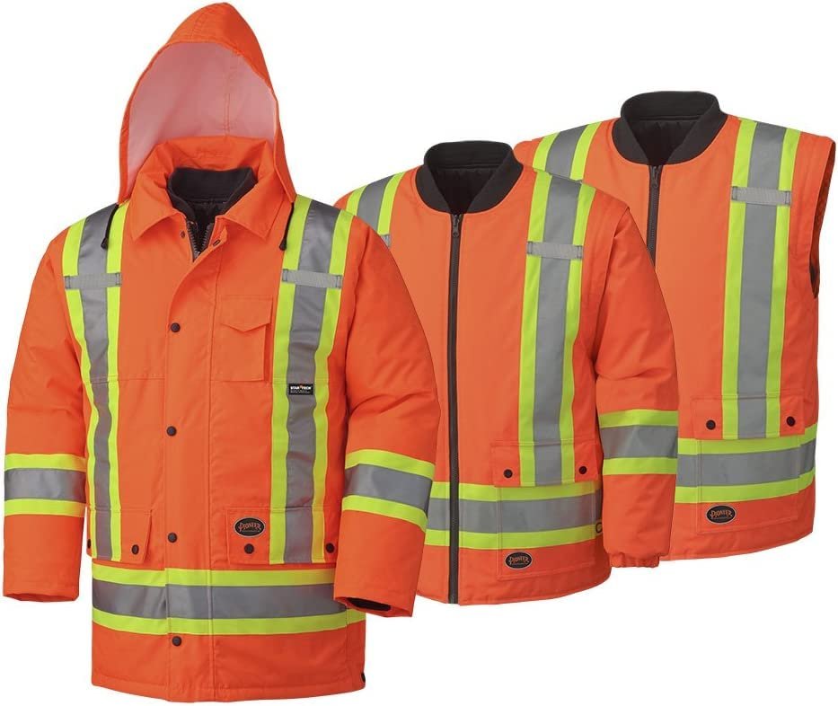 Pioneer V1120150-M Hi-Viz Waterproof 6-in-1 Safety Parka Jacket, 2 Large Cargo Pockets, Orange, 5XL