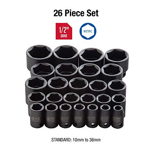 Sunex 2645, jeu de douilles à choc 1/2", 26 pièces, métriques, 10 mm-36 mm, acier allié Cr-Mo, conception d'angle à rayon, étui de rangement robuste