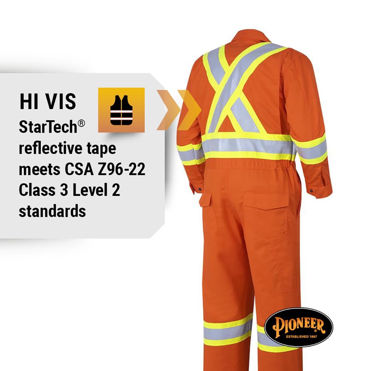 Pioneer CSA UL ARC 2 Lightweight Flame Resistant Work Coverall, Hi Vis Premium Cotton Nylon, Action Back