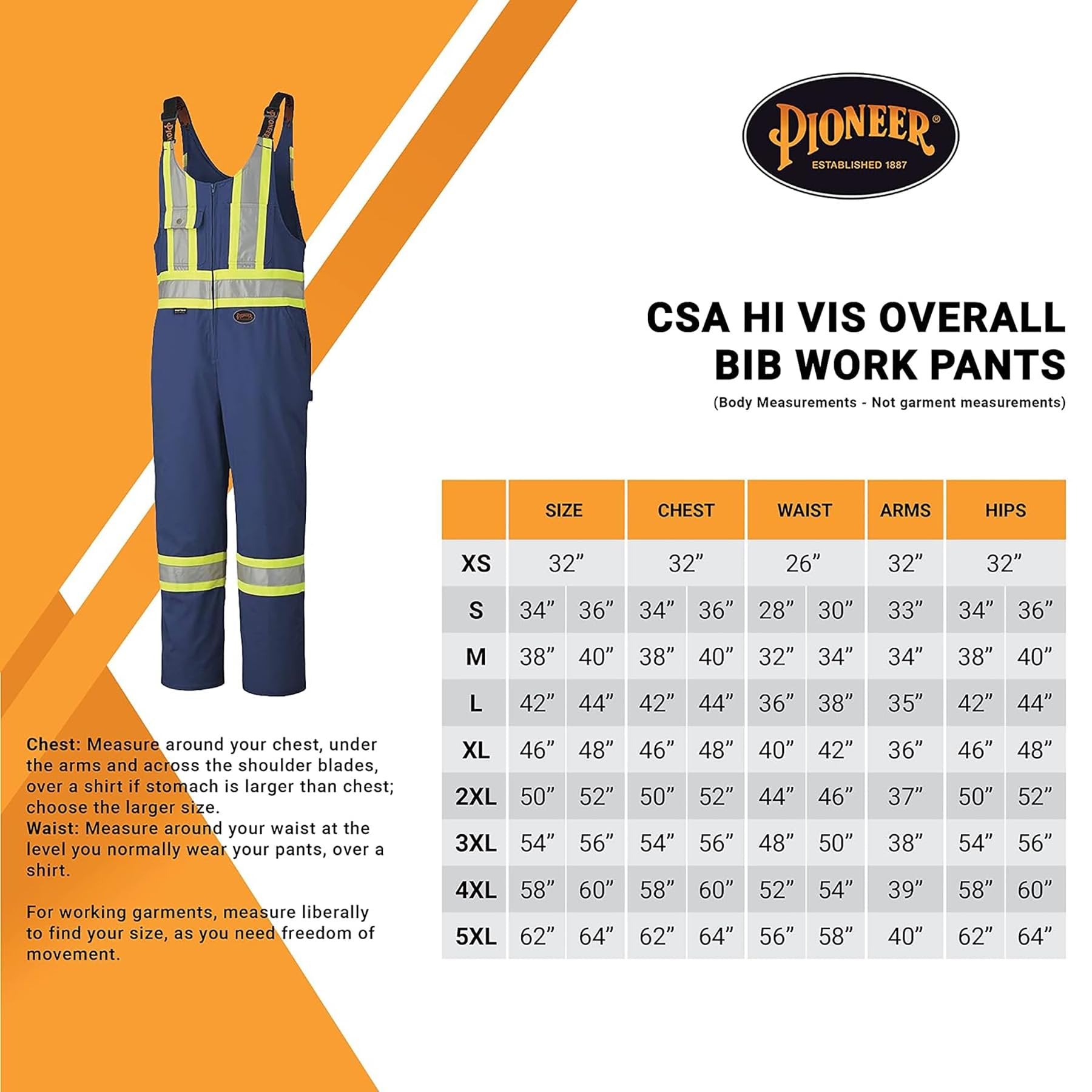 Pioneer CSA Hi Vis Overall Bib Work Pants, Reflective Stripe, 7 Reinforced Pockets, Tall Fit