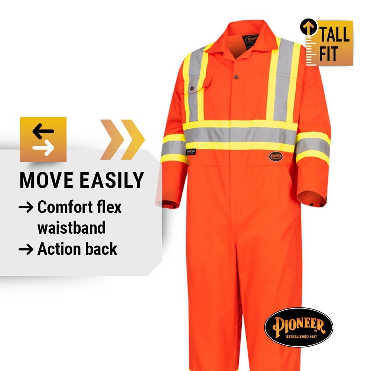 Pioneer CSA Action Back High Visibility Work Coverall with Elastic Waist & Adjustable Wrist, 7-Pocket, Tall Fit