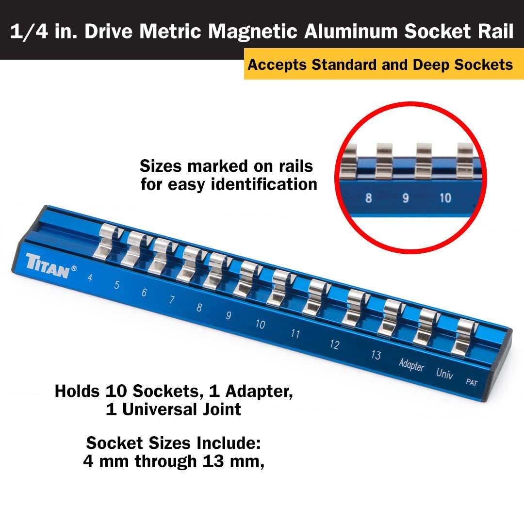 Titan 36098 Riel de casquillo de aluminio magnético Dr. Metric de 1/4 pulgadas