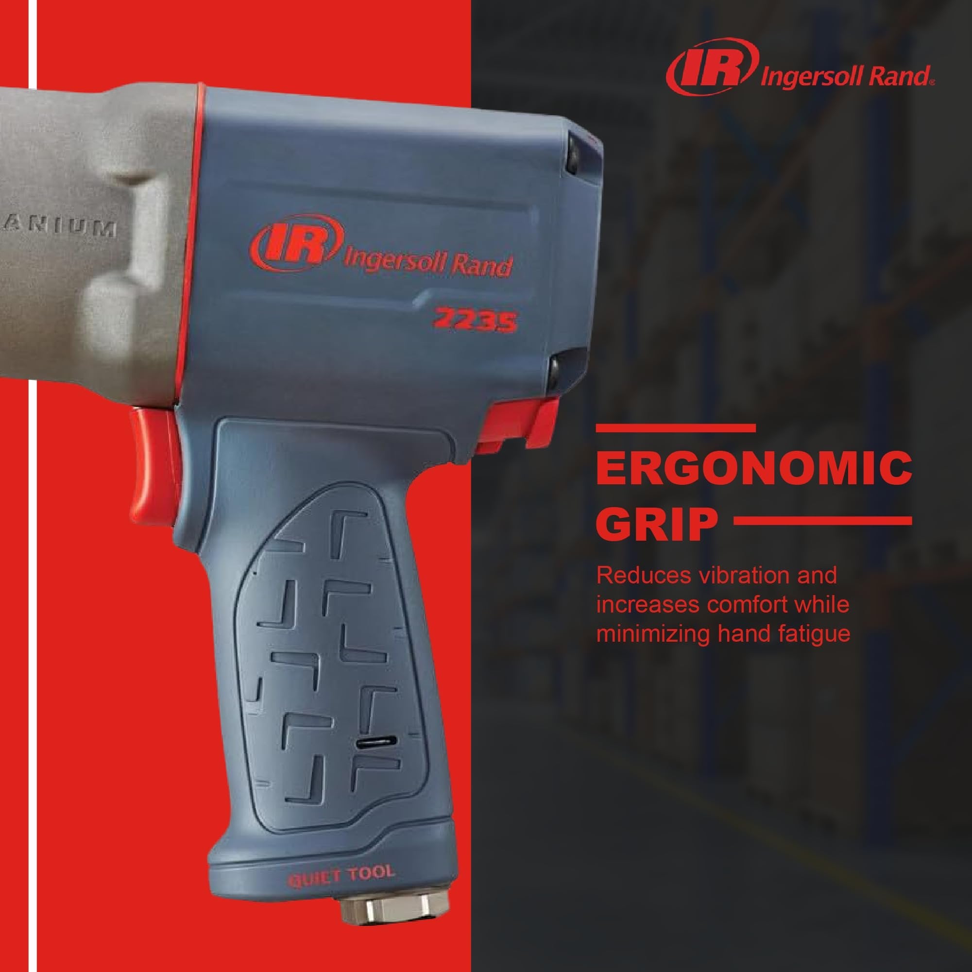 Ingersoll Rand 2235QTiMAX Clé à chocs pneumatique à entraînement 1/2" - Technologie silencieuse, couple de sortie puissant de 1 300 pi-lb, léger, boîtier de marteau en titane, gris