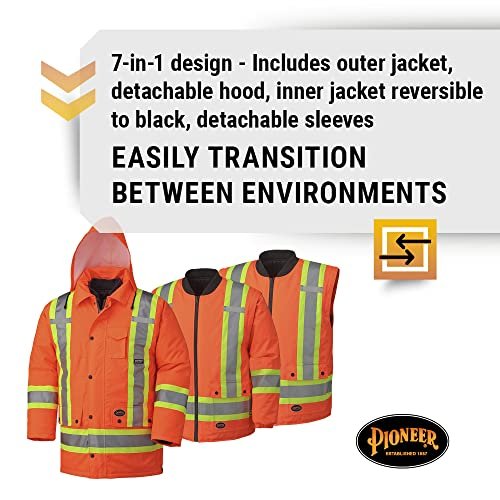 Pioneer V1120150-M Hi-Viz Waterproof 6-in-1 Safety Parka Jacket, 2 Large Cargo Pockets, Orange, 5XL
