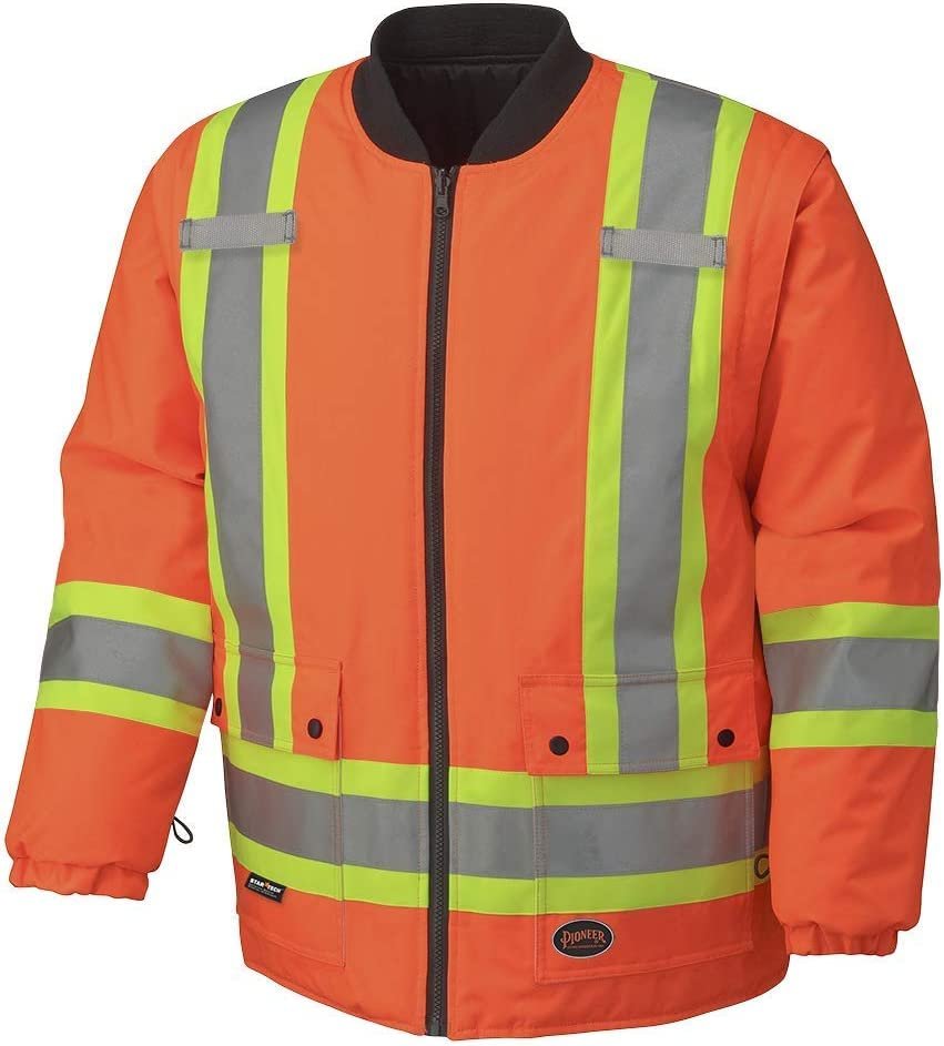 Pioneer V1120150-M Hi-Viz Waterproof 6-in-1 Safety Parka Jacket, 2 Large Cargo Pockets, Orange, 5XL
