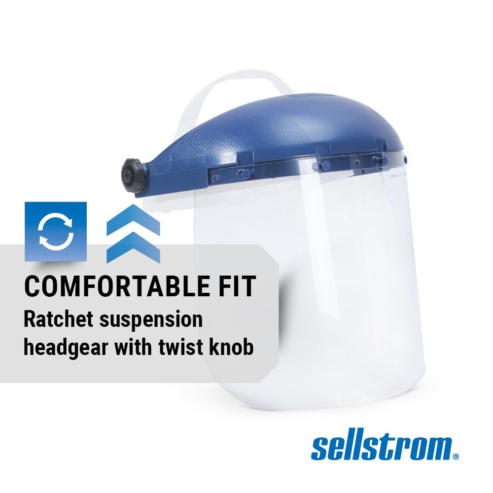 Sellstrom 39140 Blue Plastic Crown and Clear Anti-Fog Window Protective Faceshield with Ratchet Headgear