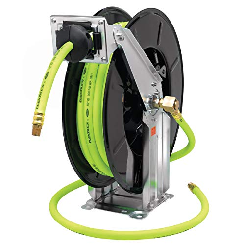 Flexzilla Enrouleur de tuyau d'air rétractable à double bras, 1/2" X 50', robuste, léger, hybride, ZillaGreen-L8741FZ