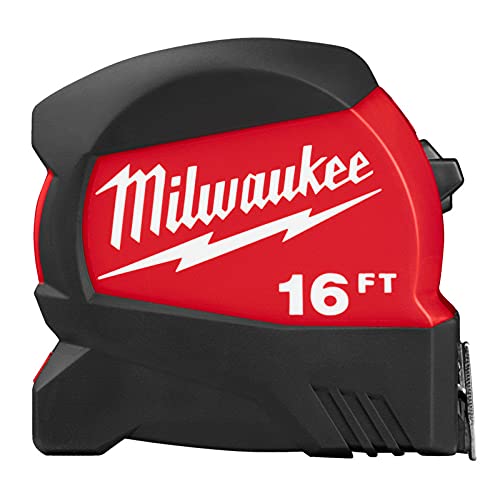 Cinta métrica Milwaukee 48-22-0416 Cinta métrica, hoja de 16 pies de largo, hoja de 1/2 pulgada de ancho, hoja de acero, caja de ABS, caja negra/roja