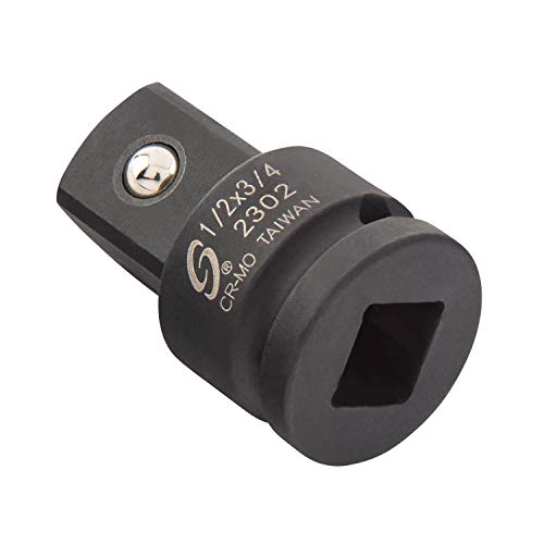 Sunex 2302, entraînement 1/2", adaptateur à impact 1/2" femelle x 3/4" mâle, acier Cr-Mo, détente à bille, extrémité carrée conique, conforme aux normes ANSI