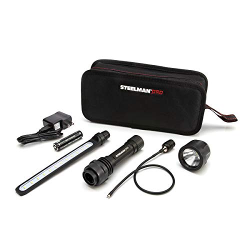 Steelman Pro 3-in-1 Lithium-Ion Modular Rechargeable Worklight Kit, LED Inspection Wand, Bend-a-Light Inspection Tool, and 550-Lumen Flashlight Head