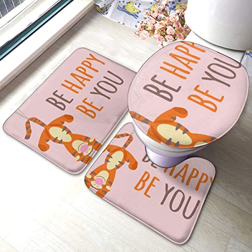 Be Happy Be You Bathroom Rugs 3pc Non Slip Washable Bath Rugs, Contour Mat and Toilet Lid Cover Set