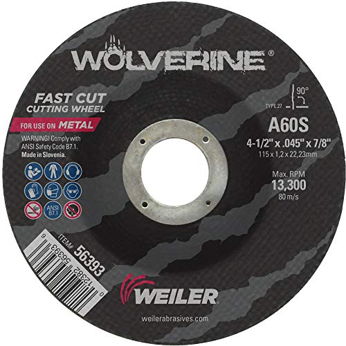 Weiler 56393 Wolverine eje de 7/8", grosor de 0,045", diámetro de 4 1/2", grano A60V, rueda de corte delgada tipo 27
