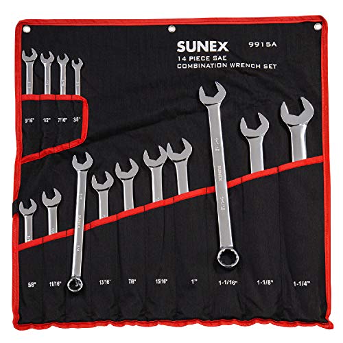 Sunex 9915A 14 Piece V-Groove SAE Full Polished Combination Wrench Set (Full Polish) CRV