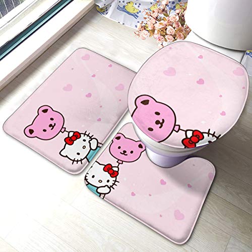 Hello Kitty avec tapis de salle de bain ballon 3 pièces tapis de bain lavables antidérapants, tapis de contour et ensemble de housse d'abattant de toilettes